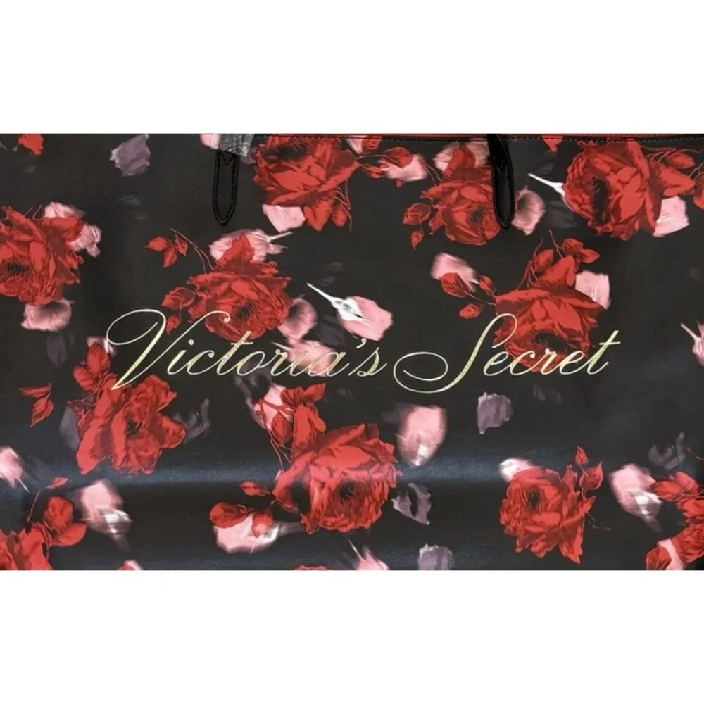 Victorias Secret Black Red Floral Open Tote Bag With Gold Logo Weekender